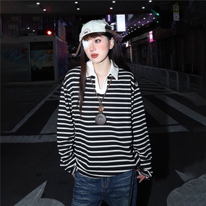 条纹设计INS风翻领衬衫女百搭通勤撞色T恤长袖上衣春秋TX0049图片