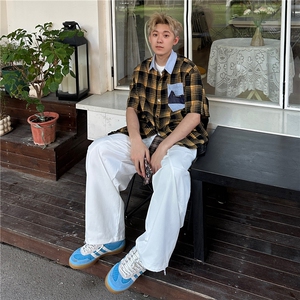 CS29-P45 现货男女格子短袖衬衫外套休闲黄色格子衬衣图片