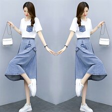 2021夏季新款简约时尚气质减龄圆领牛仔半身裙两件套，女装套装/套裙，天丝秀