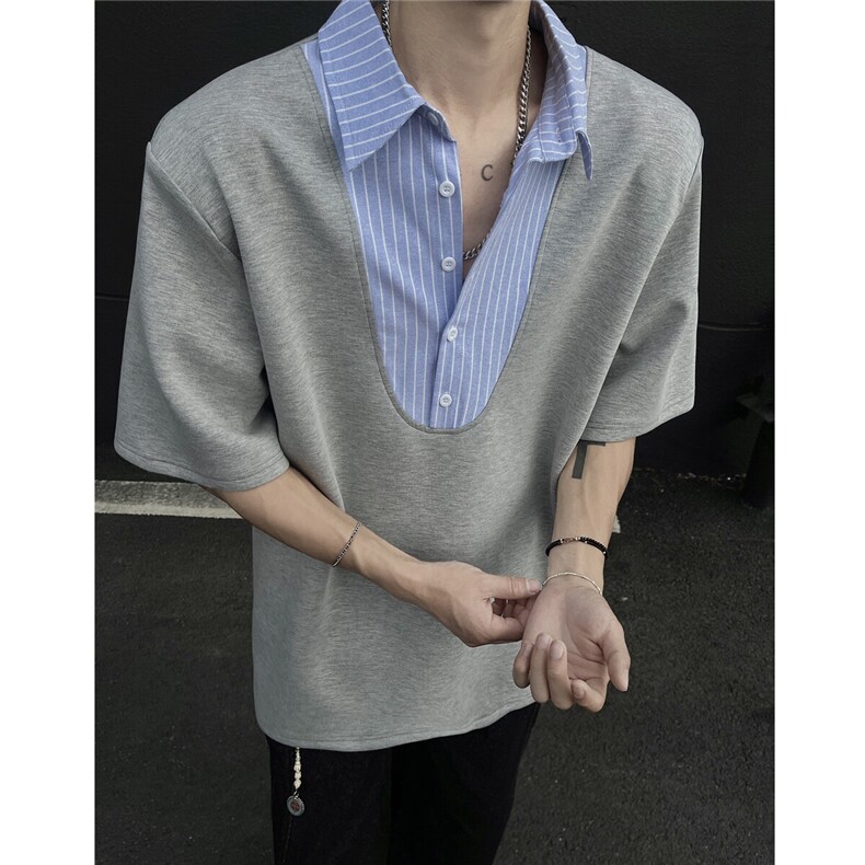 重磅垫肩男式翻领衬衫拼接短袖T恤夏季假两件美式上衣908P48，男装T恤，电商A458A
