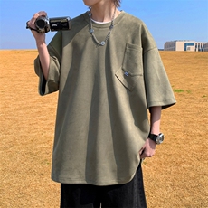 240克麂皮绒短袖T恤大码宽松拼接口袋情侣T恤109-T23610-P28，男装T恤，星座109