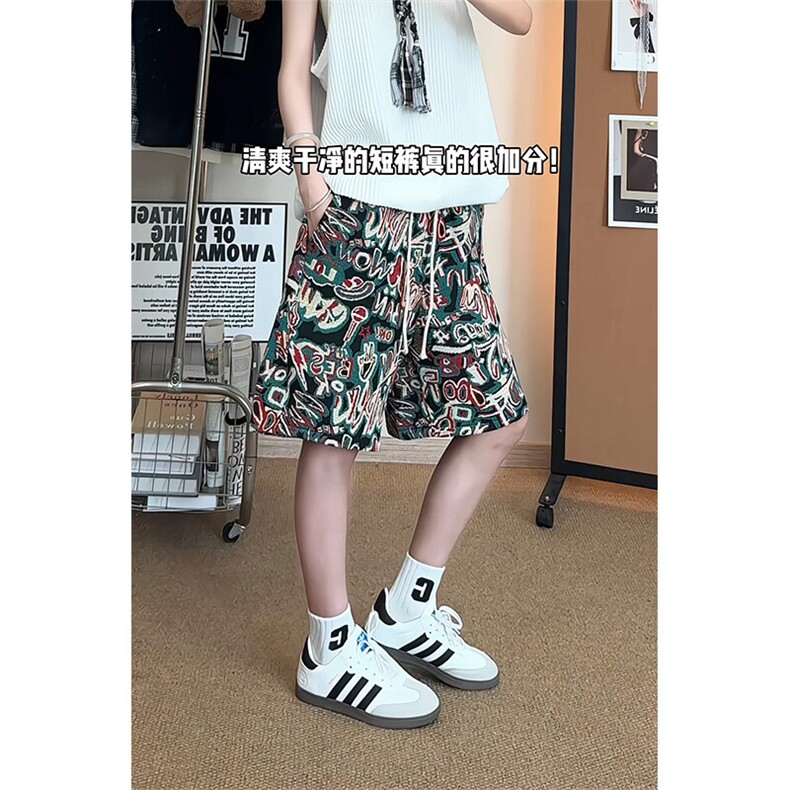 美式高街短裤男款夏季青少年字母涂鸦潮牌冰丝休闲裤子直筒五分裤,男装牛仔裤,星座301D-2(原星座1004-1）