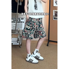 美式高街短裤男款夏季青少年字母涂鸦潮牌冰丝休闲裤子直筒五分裤，男装牛仔裤，星座301D-2(原星座1004-1）