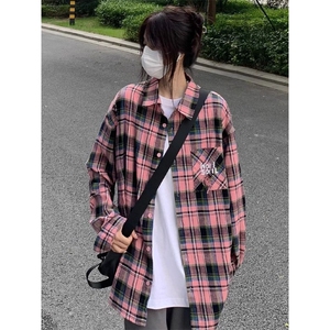 TC697-P45 黑红格子早秋长袖衬衫 美式学院风学生百搭上衣图片