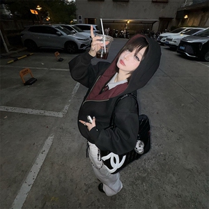 重磅高品质硬挺boxy26春装美式高街结构撞色拼接连帽卫衣开衫外套图片