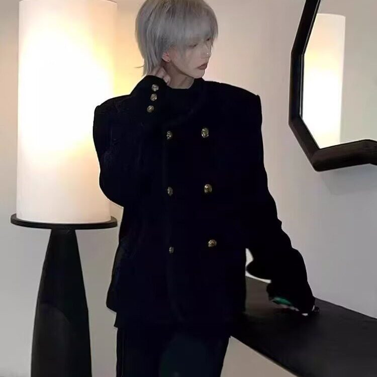 春秋冬季高级感韩版时尚套装短款小香风毛呢西服男士编织法式外套图片