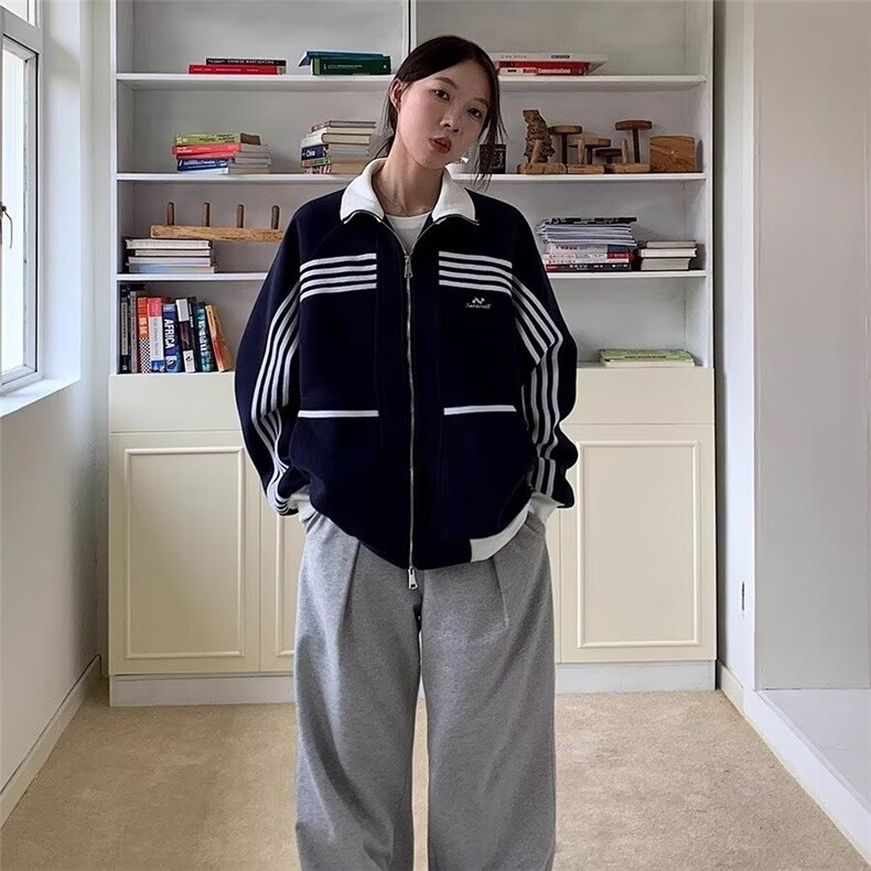 条纹撞色夹克外套男2026春秋新款美式潮牌宽松设计感立领开衫卫衣,男装夹克,四季星座505