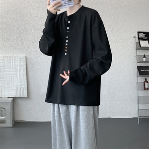 8XL-M 慵懒肌理感华夫格廓形云母贝纽扣长袖T恤打底长袖CX3006P48图片