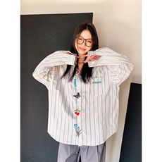 美式复古条纹刺绣长袖衬衫男女宽松休闲情侣衬衣春秋上衣外套潮，男装衬衫，星座506A