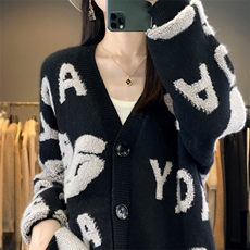 时尚字母图案宽松显瘦舒适时尚羊绒开衫女，女装羊绒衫，琳华羊绒