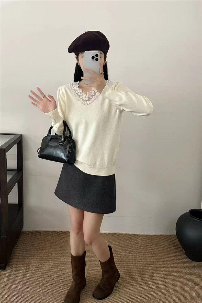 2025年秋季常规通勤通勤蕾丝边V领时尚百搭通勤，女装针织衫/毛衣，暖姿羊绒