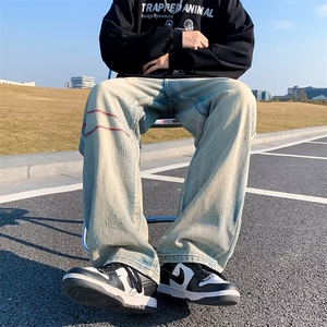 美式复古oversize阔腿牛仔裤男款春秋季高街ins潮牌直筒宽松裤子图片