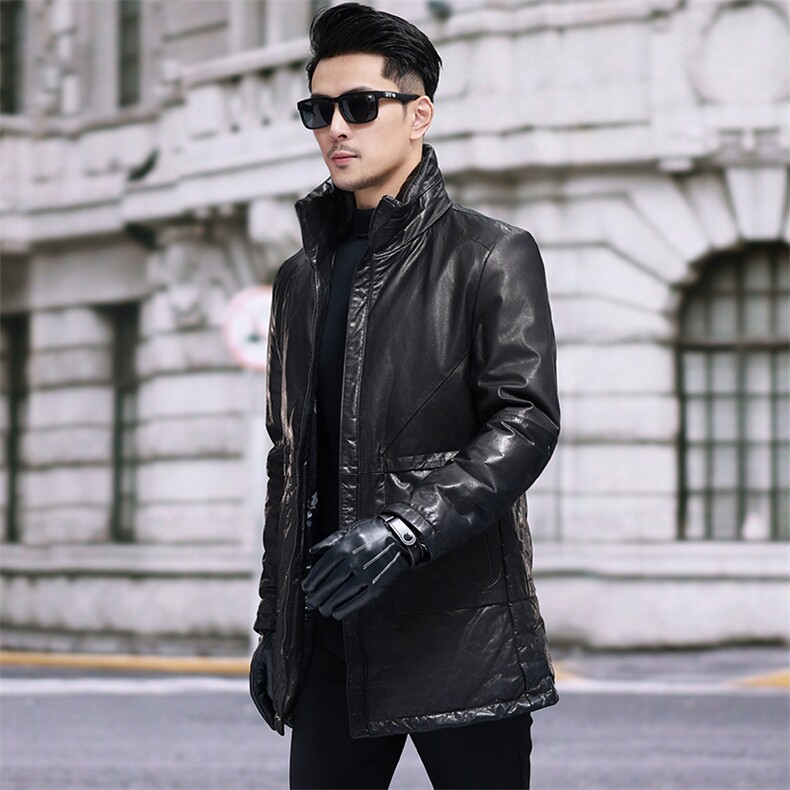 冬季新款海宁羽绒服男头层油蜡牛皮外套中长款皮衣韩版男装，男装皮衣，电商B360
