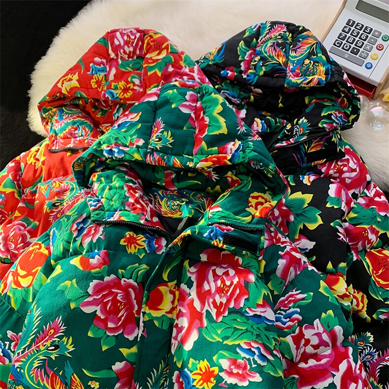 MY206东北大花连帽棉衣外套风汉服大码宽松男女棉服棉袄保暖,男装棉衣,星座115A-1