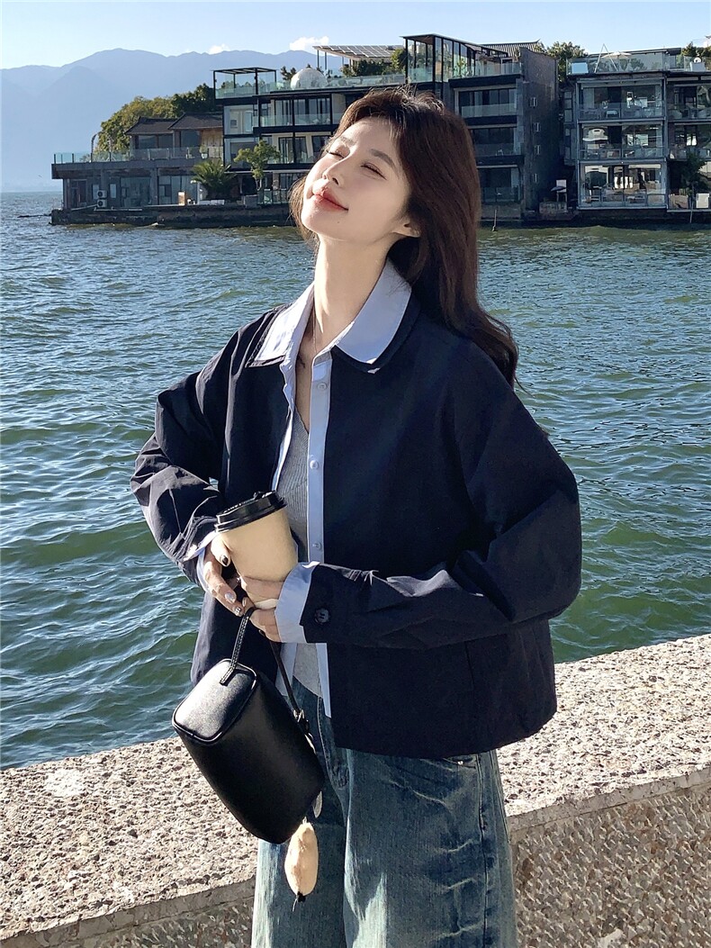 蓝色撞色衬衫领短款夹克外套女2026春秋新款韩系时髦减龄夹克显白,女装短外套,艾米莉亚
