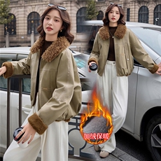 【大量现货】羊羔毛外套女2025秋冬新款小个子巨好看的韩系加绒加厚短款派克服，女装棉衣/棉服，依路服饰