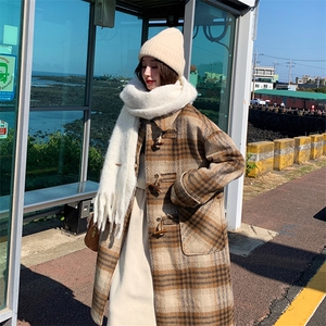 现货！2530款格子羊毛呢羽绒服女中长款图片