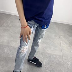 新款老虎刺绣牛仔裤男小脚显瘦破洞个性贴布潮流弹力男休闲裤，男装休闲裤，星座506A