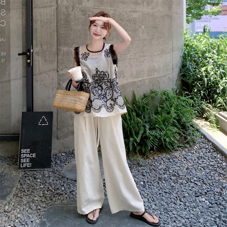 2025夏季法式高级感蕾丝刺绣背心套装女宽松休闲阔腿裤淡人两件套,女装套装/套裙,2C159