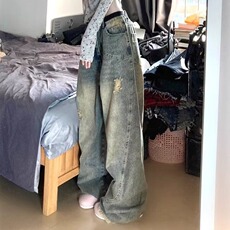 美式复古阔腿牛仔裤男女2025新款高腰破洞设计感宽松垂感拖地裤，男装牛仔裤，星座1210-1