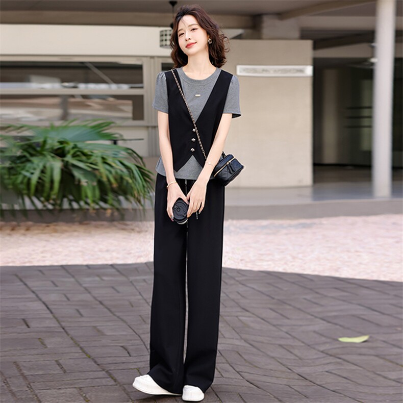 韩版时尚休闲套装女夏季新款马甲假两件短袖上衣宽松阔腿裤两件套,女装套装/套裙,江南