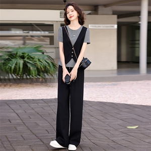 韩版时尚休闲套装女夏季新款马甲假两件短袖上衣宽松阔腿裤两件套图片