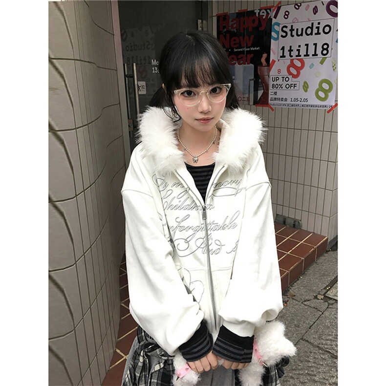 美式复古白色毛领连帽卫衣男女秋冬新款宽松字母印花拉链开衫外套,女装短外套,星座506A