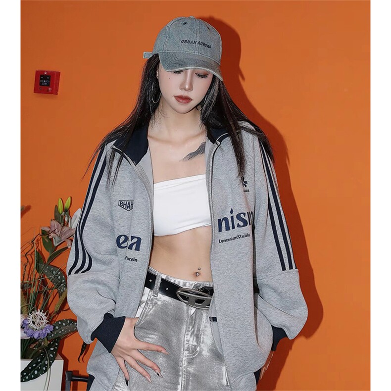 抖音得物美式高街重磅结构设计拼接织带立领印花卫衣外套ACM4202，女装短外套，电商A443