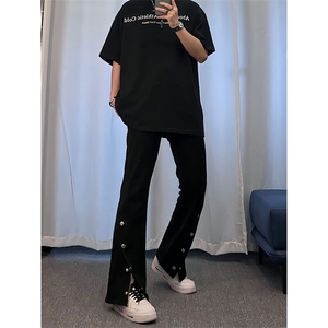 高街美式排扣牛仔裤拉链设计感直筒牛仔裤图片