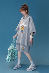中性风 2023夏季新款Polo领卡通图案运动休闲套装 TZ732 p75控98图片