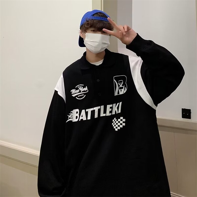 秋季宽松百搭潮流卫衣美式复古印花赛车服长袖POLO衫男 W5338-P33图片