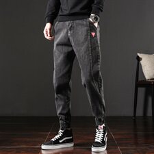 5063-8810拼接大码日系宽松休闲牛仔哈伦裤束脚裤男，男装牛仔裤，星座304A-1