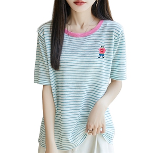 夏季竹节麻针织短袖T恤女圆领条纹刺绣拼色上衣宽松套头半袖打底图片