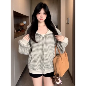 1506-1/WF401/P77新款条纹拉链开衫连帽卫衣男女情侣重磅外套图片