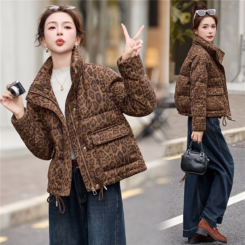 豹纹羽绒服女2025秋冬新款短款小个子韩版显瘦超好看立领加厚外套,女装羽绒服,拾衣