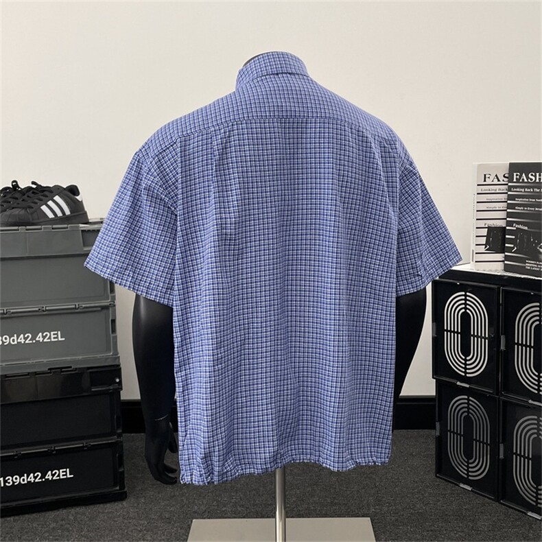 W493-P38蓝色格子衬衫短袖夏季穿搭格纹半袖痞帅五分袖衬衣,男装T恤,星座911-1