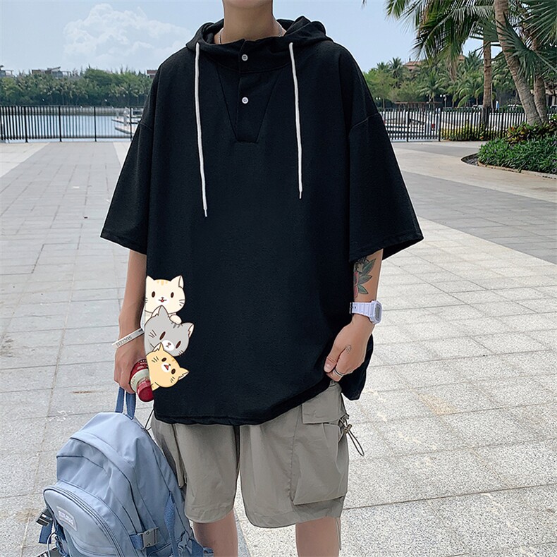 LD54164-P45 连帽短袖t恤男大码胖子带帽五分袖中袖图片