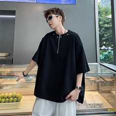 夏款男短袖T恤衫拉链铆钉宽松五分袖T恤T037P35，男装T恤，星座1013-1