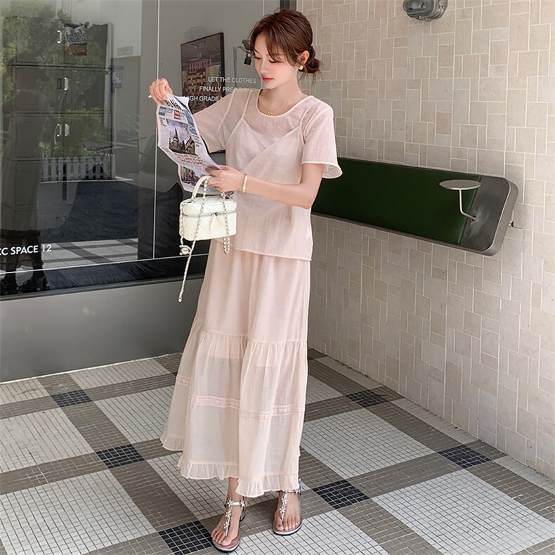 高端时尚套装裙女2025夏季新款洋气宽松系带收腰小衫吊带裙套装,女装套装/套裙,幸运星