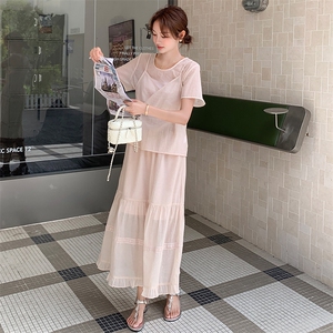 高端时尚套装裙女2025夏季新款洋气宽松系带收腰小衫吊带裙套装图片
