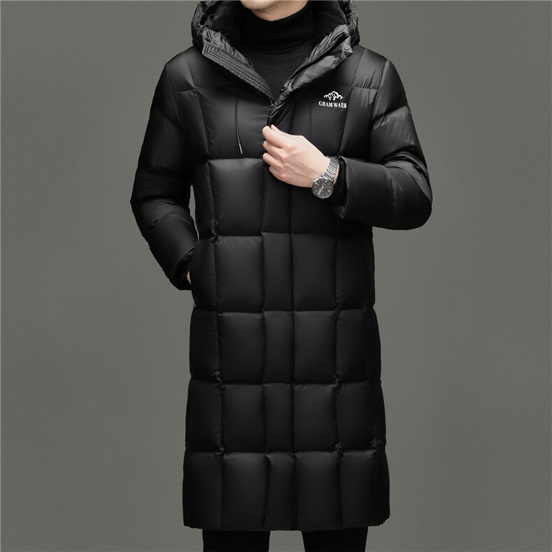 大货冬季男士连帽长款90%白鸭绒羽绒服大衣加厚300克羽绒外套,男装羽绒服,钱塘723