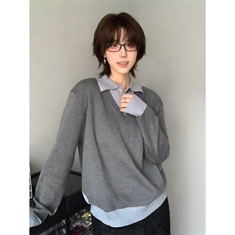 M13-P53ins新款潮流原宿流行日系假两件p0l0领毛衣针织衫文艺,男装针织衫/毛衣,电商B323A