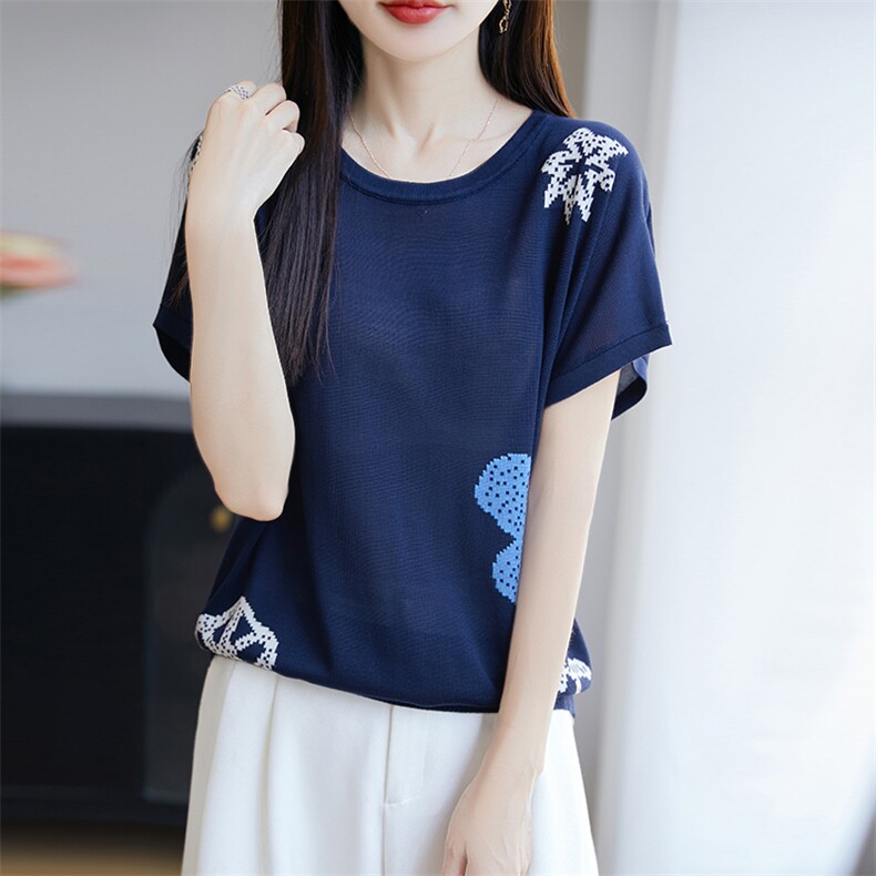 莱塞尔针织提花小飞袖T恤女2025夏薄透气洋气蓝色宽松显瘦短袖T恤,针织衫/毛衣,唐诺