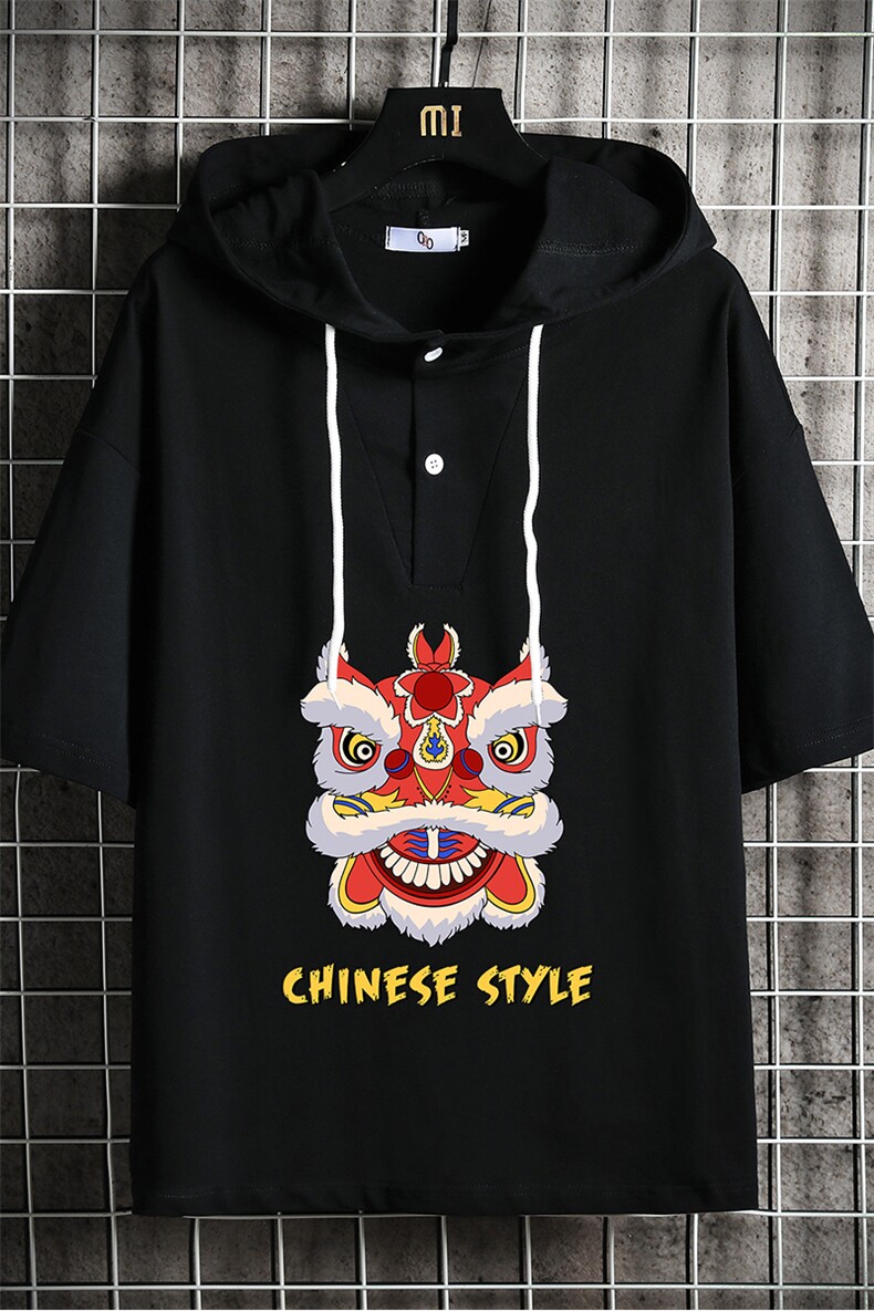 LD54185-P45连帽短袖t恤男大码胖子带帽五分袖中袖网格挂拍,男装T恤,电商A040A