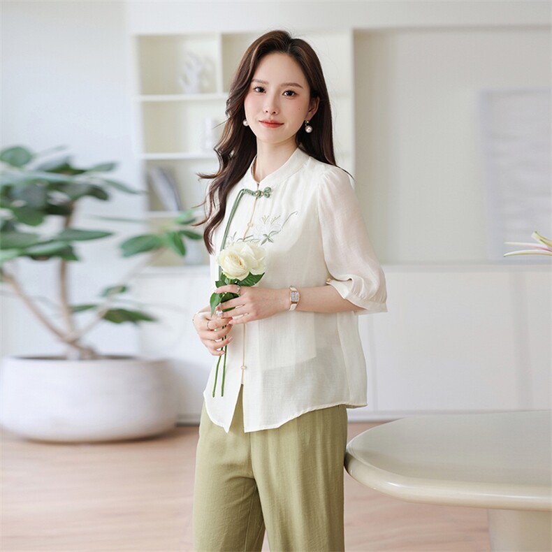 2024夏季新款优雅刺绣女装衬衫清新绿色修身显瘦上衣,女装衬衫,千千佰惠