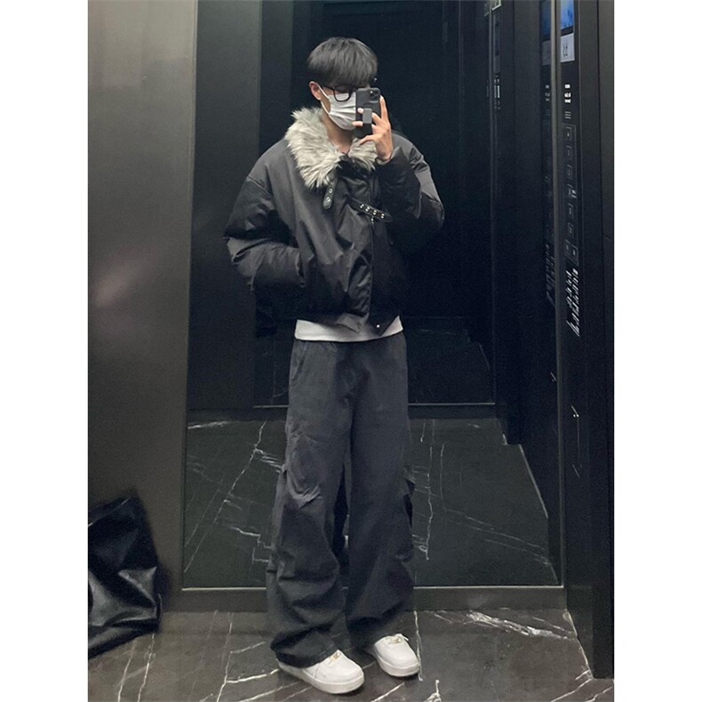 冬季新款黑色毛领夹克棉服男高街皮扣设计感棉衣美式潮牌百搭外套图片
