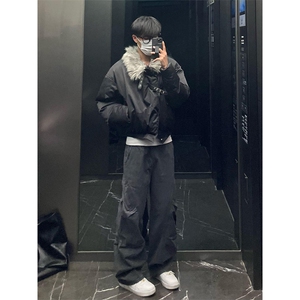 冬季新款黑色毛领夹克棉服男高街皮扣设计感棉衣美式潮牌百搭外套图片
