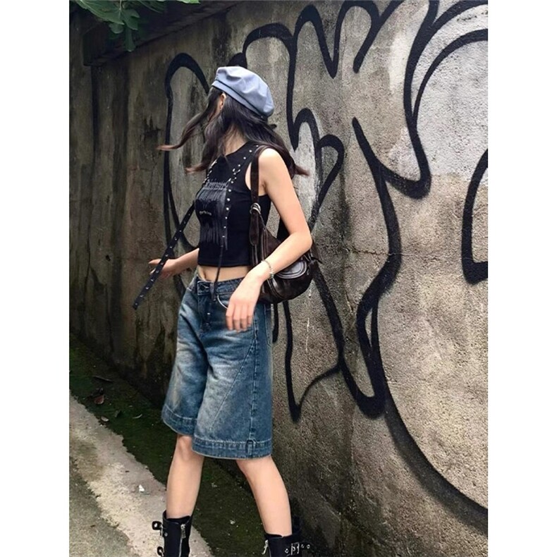 2025夏季新款复古辣妹牛仔短裤女韩版高腰设计感宽松阔腿五分中裤,男装牛仔裤,星座1210-1