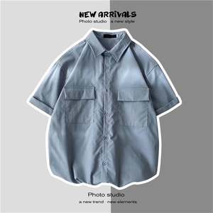 港风ins工装短袖衬衫男新款日系纯色百搭宽松五分半袖衫 W924-P25图片