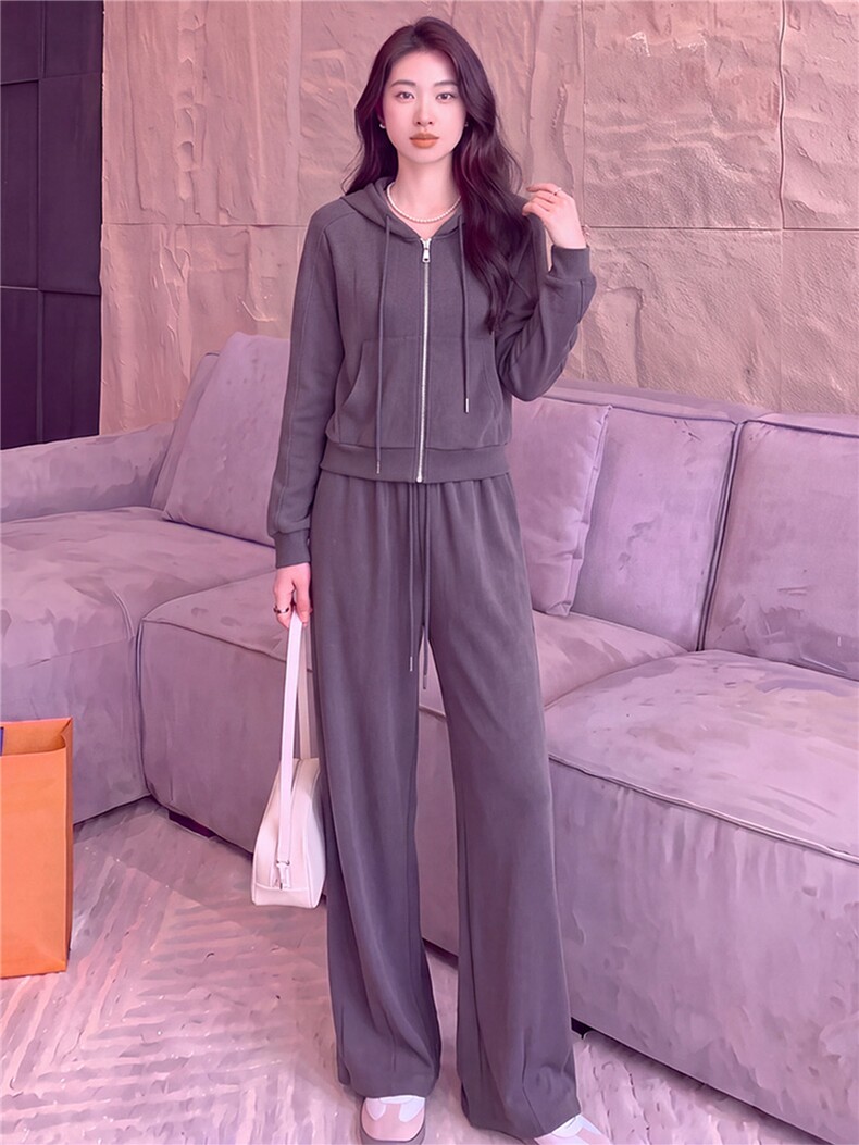 女春秋新款时尚慵懒风套装灰色拉链开衫连帽长袖外套阔腿裤两件套,女装套装/套裙,江南
